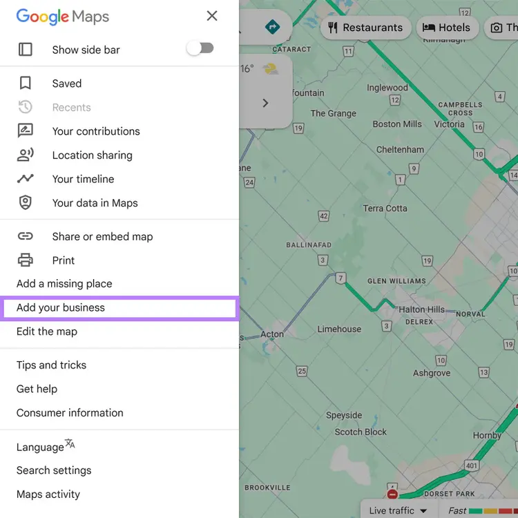 Google Maps menu open with “Add your business” option highlighted.