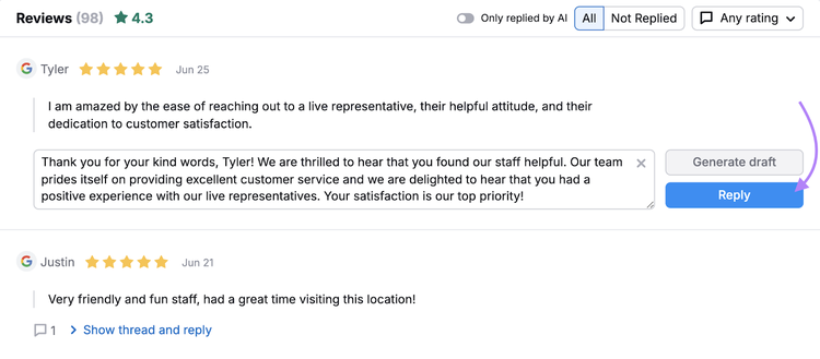 Reply entered into Review Management tool where you can see all reviews at once