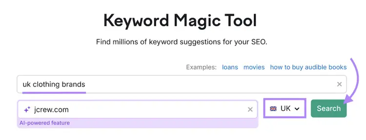 Keyword, domain, and international location are set.