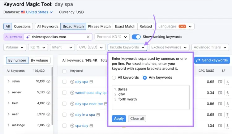 include keywords filter has locations added such as dallas, dfw, and fort worth