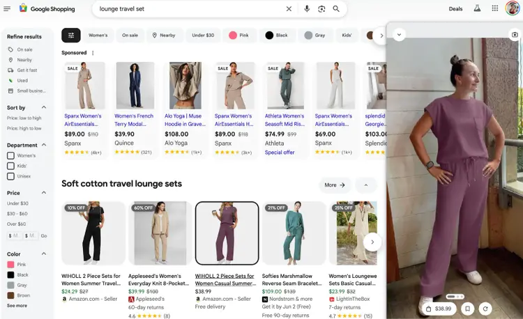 Google shopping "try it on" AI feature for lounge travel set