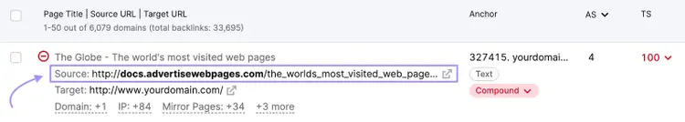 “Source" section highlighted under a backlink