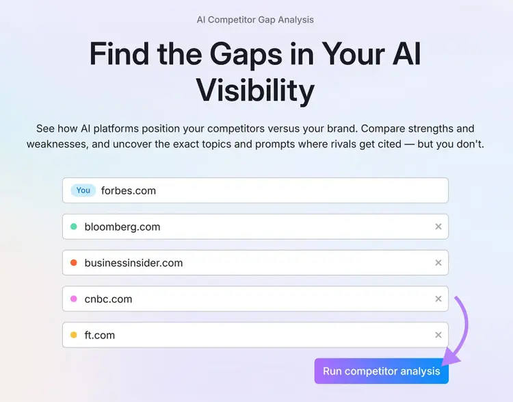 AI competitor gap analysis screen with domains entered and Run competitor analysis button highlighted.