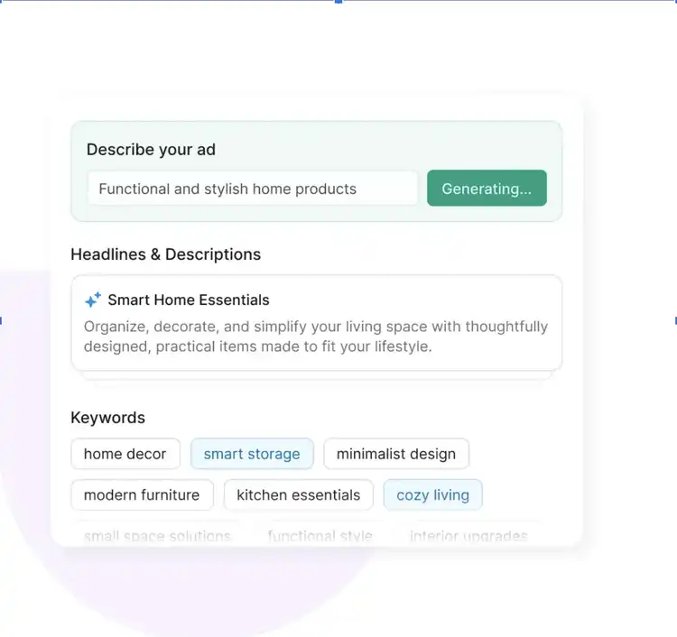 Semrush Ads Launch Assistant interface showing AI-generated ad copy for home products