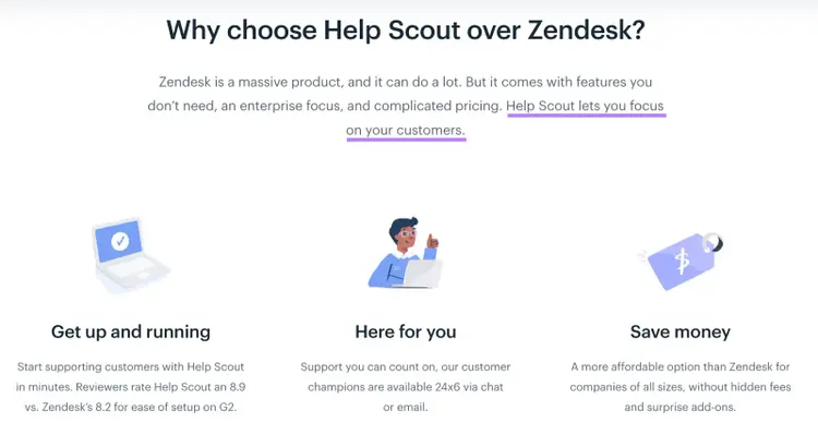 "Why choose Help Scout over Zendesk?" section on Help Scout's website