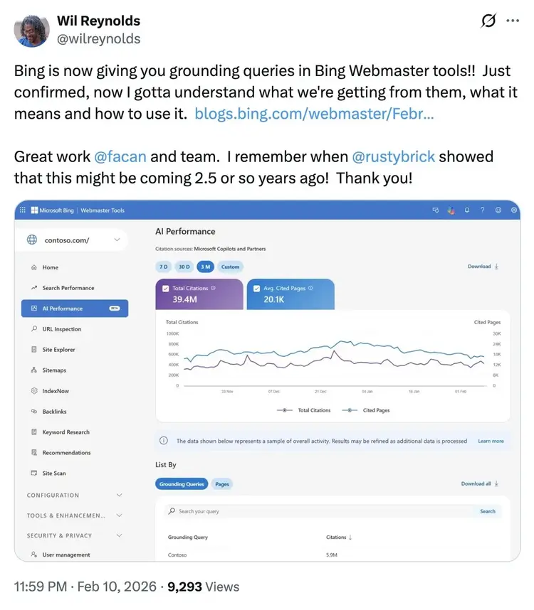 A post on X by Will Reynolds talking about grounding queries in Bing's AI Performance report.