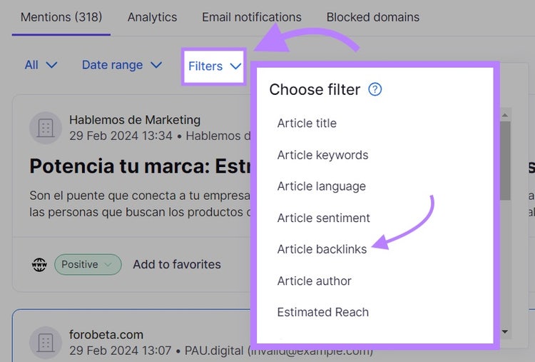Screenshot: Brand Monitoring Article backlinks filter with 'With backlinks' and 'Without backlinks' options