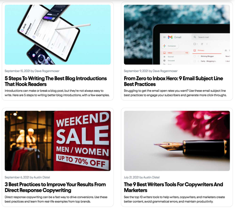 Blog roll from AI writer tool Jasper with blog posts on writing advice.