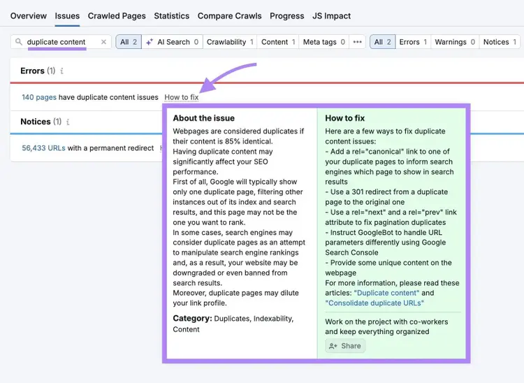 Site Audit tool showing a duplicate content issue with the “Why and how to fix it” panel open.