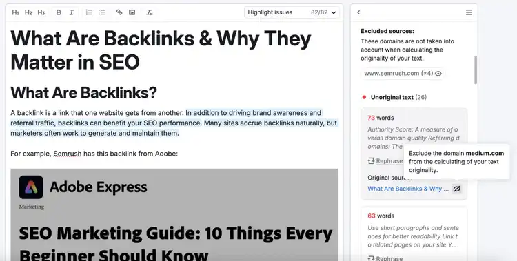 list of domains with duplicate content in SEO Writing Assistant