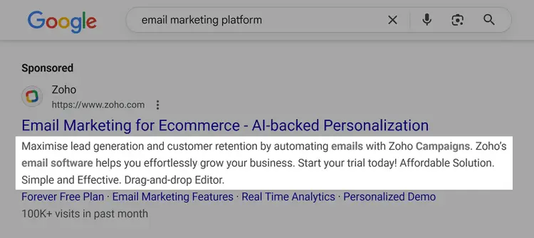 Google ad description highlighted for "email marketing platform" search ad.