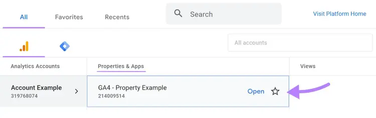 "GA4 - Property Example" selected under Google Analytics' properties & apps