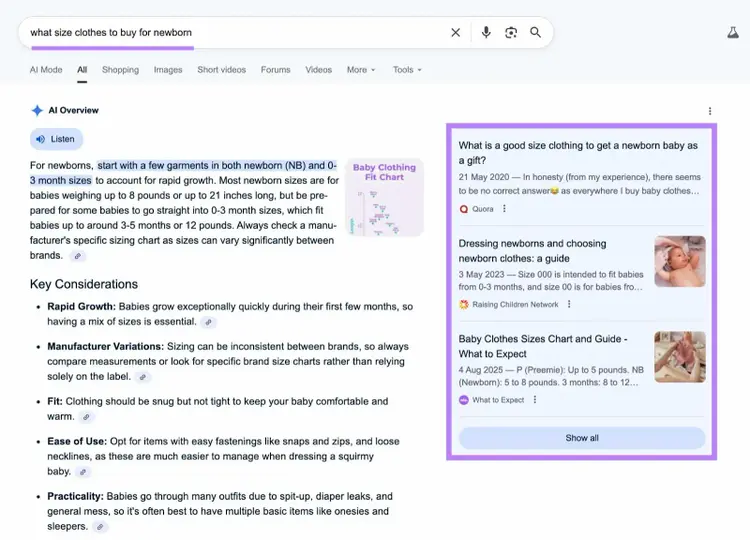 SERP for a term which triggers an AI Overview with the sources on the right-hand side highlighted.