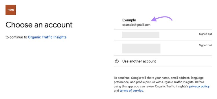 Option to choose from a list of of Google accounts to connect with Organic traffic insights with the first account selected.