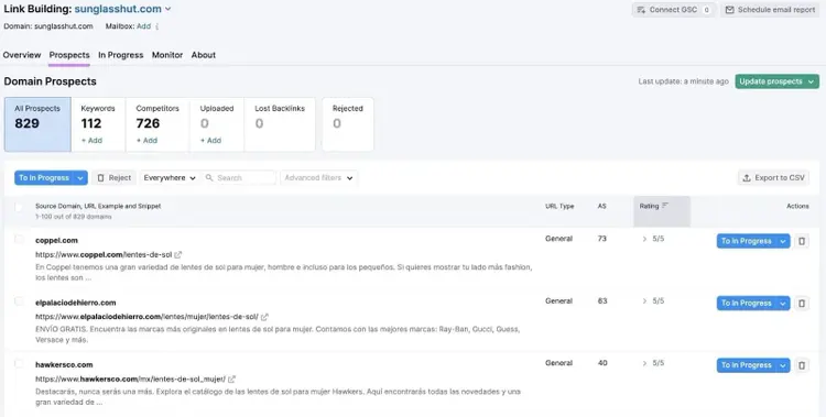 Link Building Tool "Prospects" tab shows domains and other link building metrics