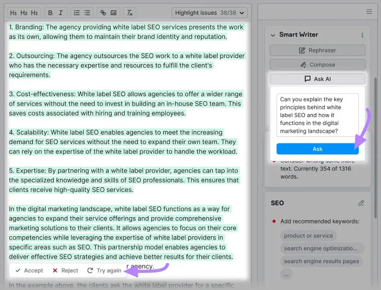 SEO Writing Assistant's Ask AI feature example