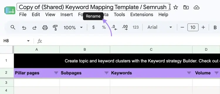 Renaming a file on Google Drive by clicking on the existing name on the upper left corner.
