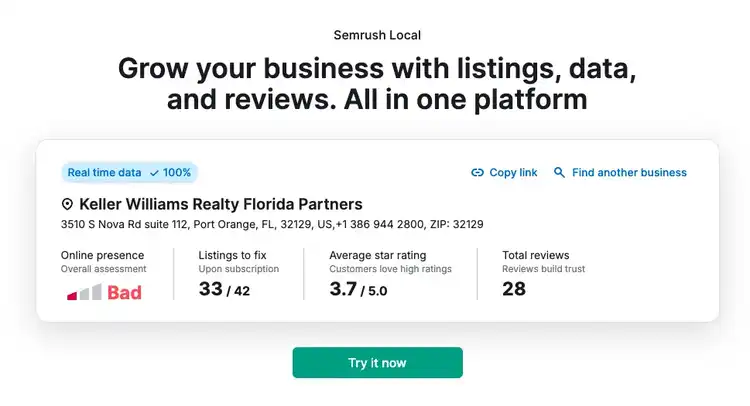 Semrush Local business profile for 'Keller Williams Realty Florida Partners' with listing metrics