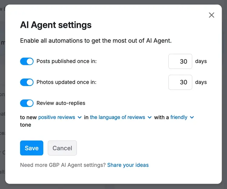 AI Agent settings dialog with toggles for posting frequency, photo updates, and auto-reply configuration