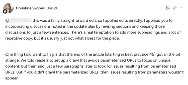 A note by the editor on a Monday.com task giving the author general feedback along with a specific example on an article draft.