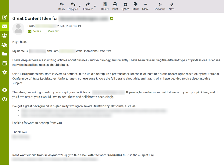 An example of a non-personalized cold email outreach