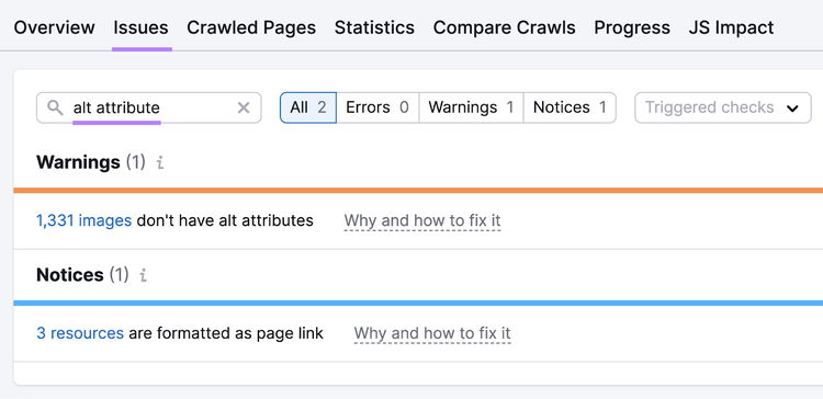 Searching for "alt attribute" under the "Issues" tab in Site Audit tool