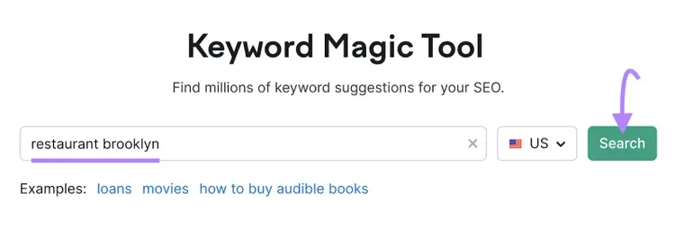 "restaurant brooklyn" entered into the Keyword Magic Tool search bar