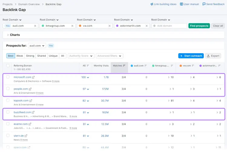 A list of sites linking to competitors in Backlink Gap tool.