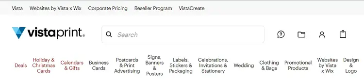 Vistaprint’s website navigation section