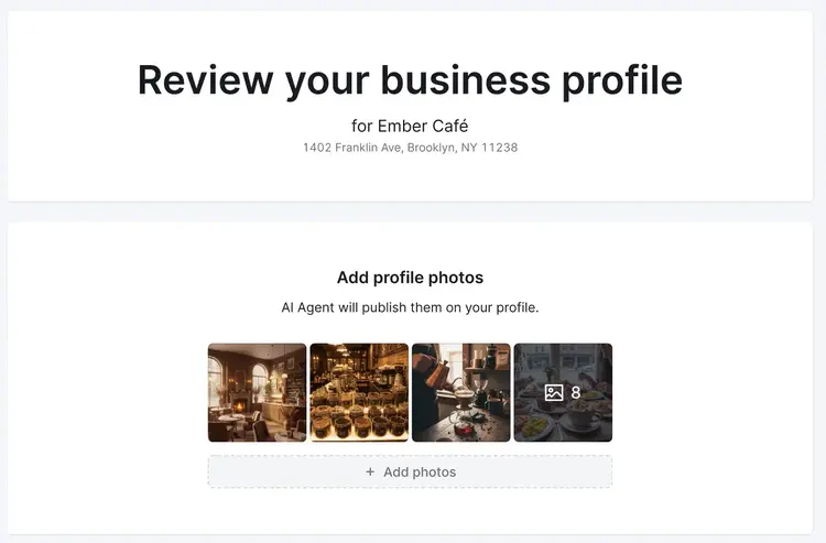 Review business profile card for Ember Cafe with Add profile photos section showing 4 cafe images