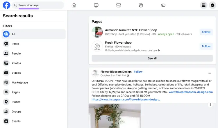 search for flower shop nyc in facebook shows some pages and organic post