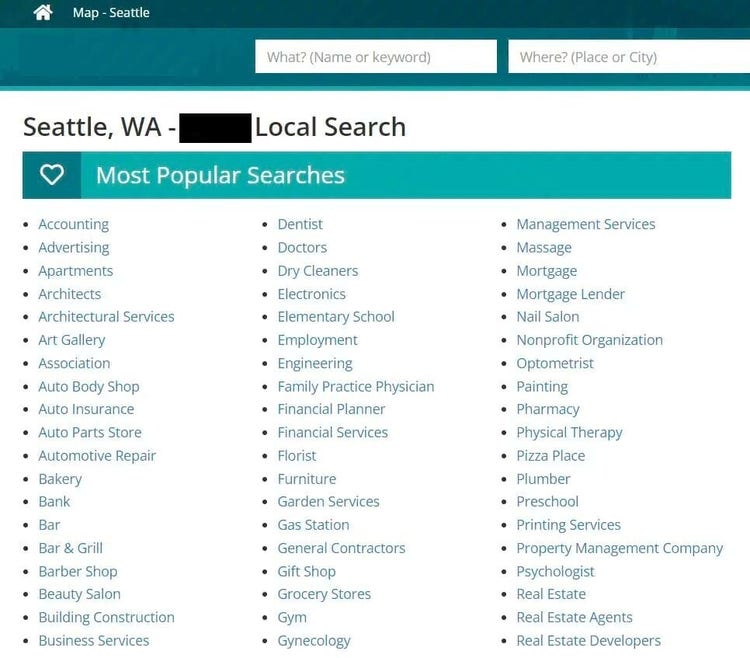 Doorway page example for the Seattle Map local search.