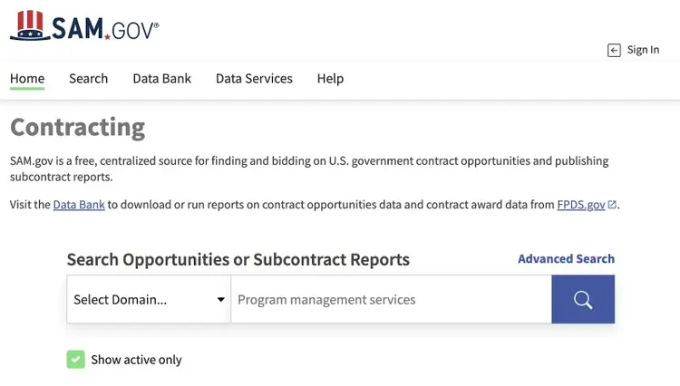 Sam.gov. homepage where B2B businesses can bid on government contract opportunities.