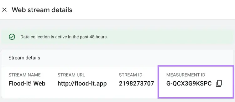 Measurement ID highlighted under "Web stream details" window