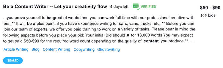 an example of a "Content Writer" job post on Freelancer.com