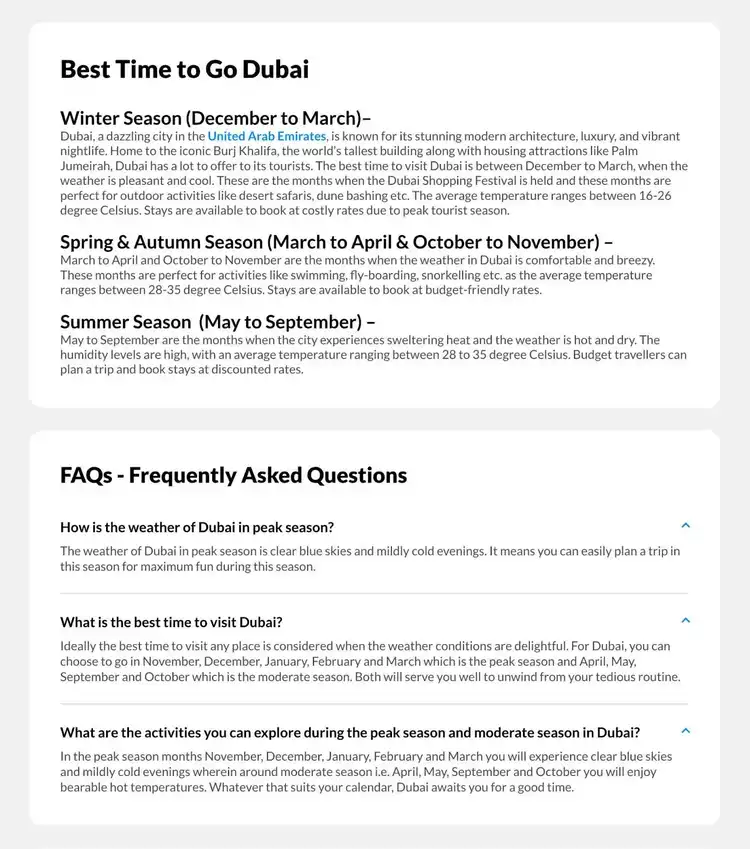 Blog post by MakeMyTrip with sections like "Best time to visit" and "FAQs" targeting the research stage of the user journey.