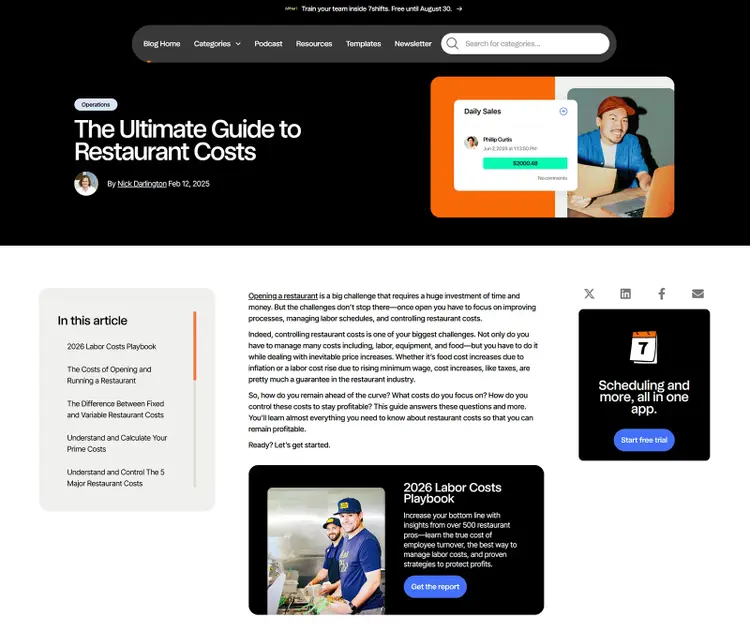 7shifts pillar page titled “The Ultimate Guide to Restaurant Costs” with navigation to sections covering related subtopics