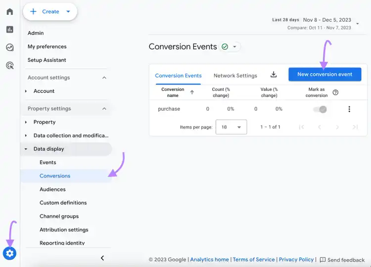 Navigating to “New conversion event" in GA4 admin