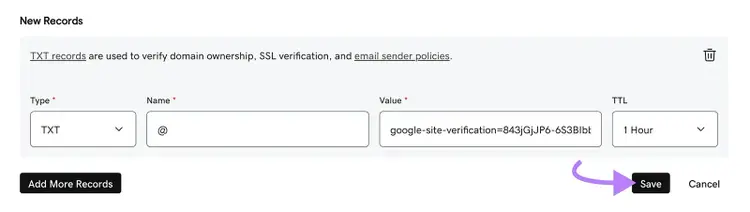 DNS settings form showing a Google site verification TXT record and the Save button highlighted