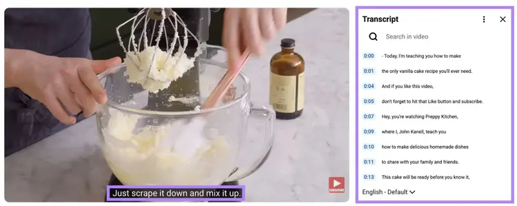 The closed captions and transcript highlighted on a YouTube video.