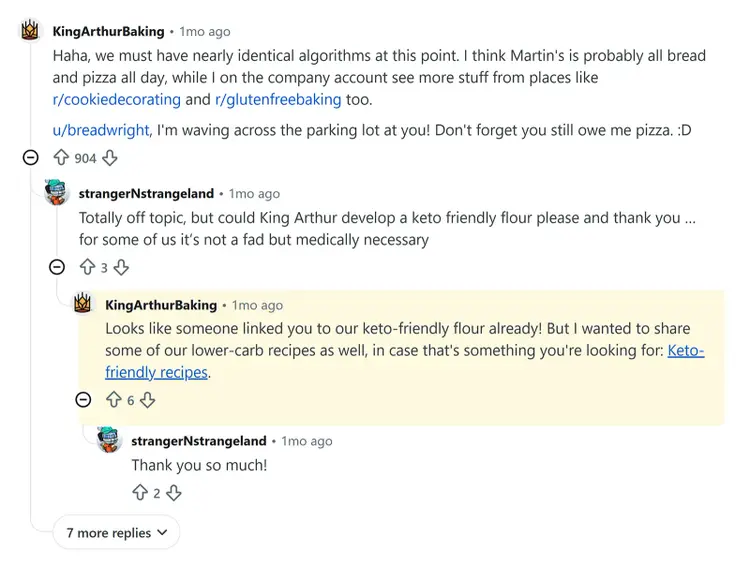 Reddit thread where King Arthur Baking shares helpful links to keto-friendly recipes in response to user question