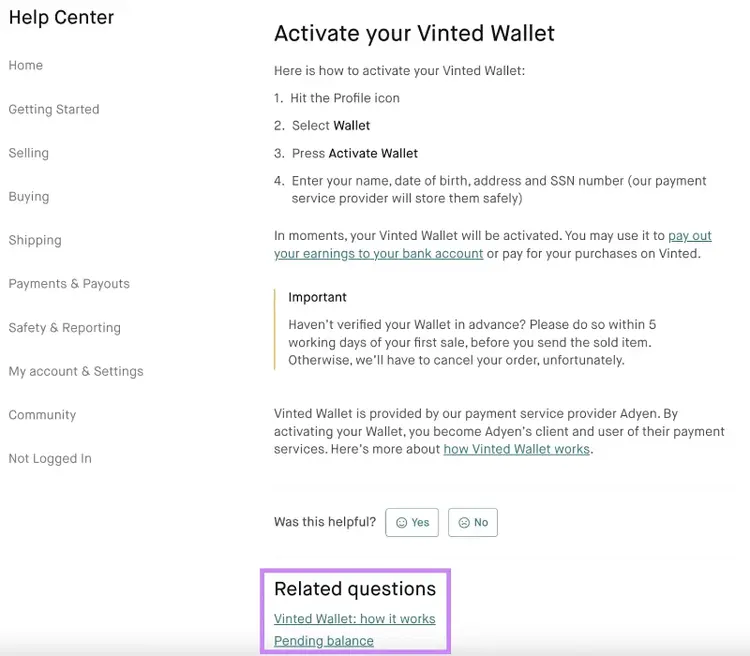 "Related questions" section highlighted at the bottom of "Activate your Vinted Wallet" page