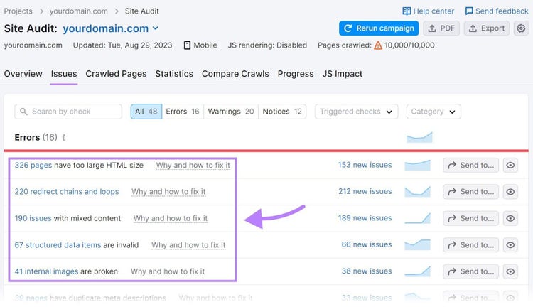 "Errors" section under "Issues" tab in Site Audit