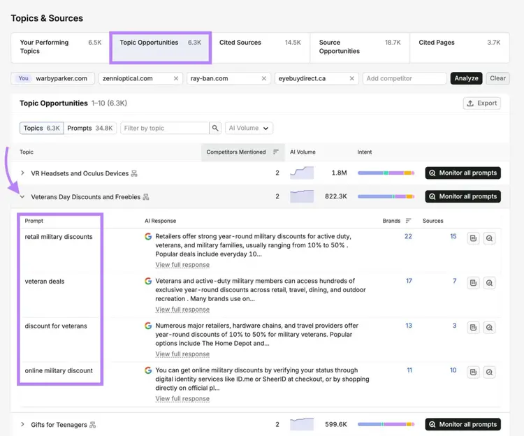 The "Topic Opportunities" tab on Visibility Overview with a topic expanded showing a list of related prompts.