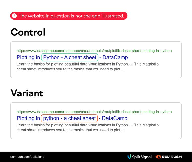 SplitSignal test comparing title case variations for DataCamp Python cheat sheet
