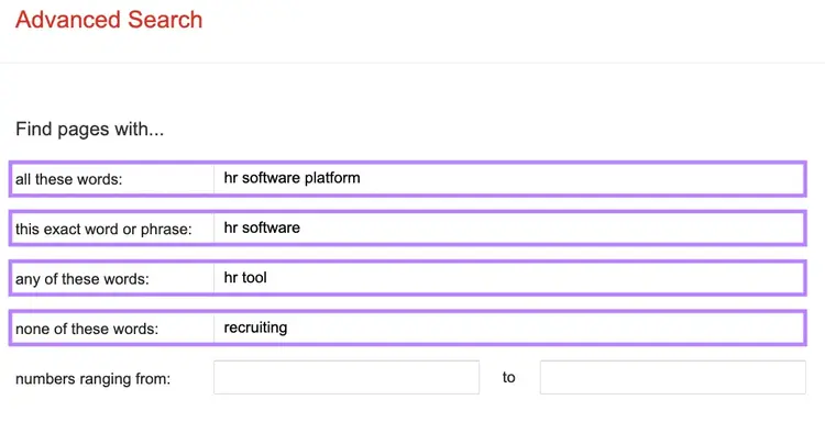 Options to find pages with certain criteria on Google's advanced search page.