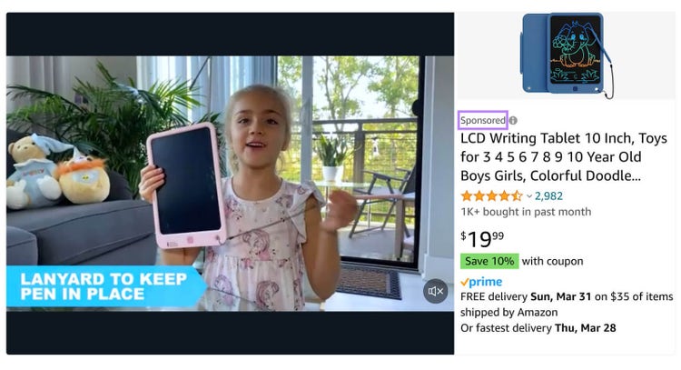 A sponsored product ad for a writing tablet on Amazon