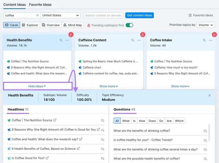 "Content Ideas" results for "coffee" in Topic Research tool