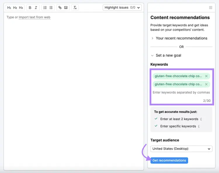 Keywords added to the SEO Writing Assistant tool