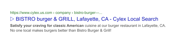 Google Local Search result for Bistro Burger & Grill restaurant in Lafayette, California